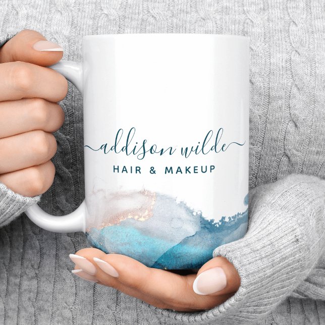 Caneca De Café Tinta Aguarela Líquida Arte Moderna Azul e Dourado (Criador carregado)