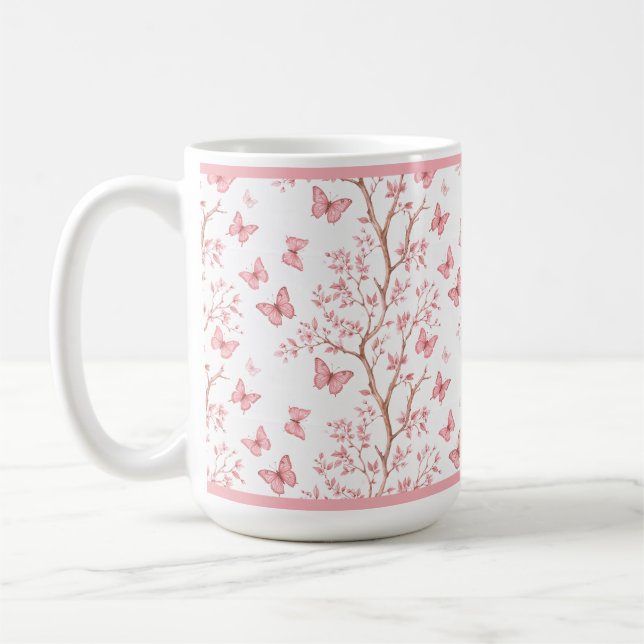Caneca De Café Tinta Rosa Bege com Floral Contornado (Esquerda)