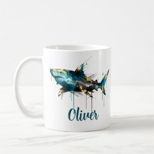 Caneca De Café Tinta Teal de Aquarela Abstrata com Salpico e Tuba