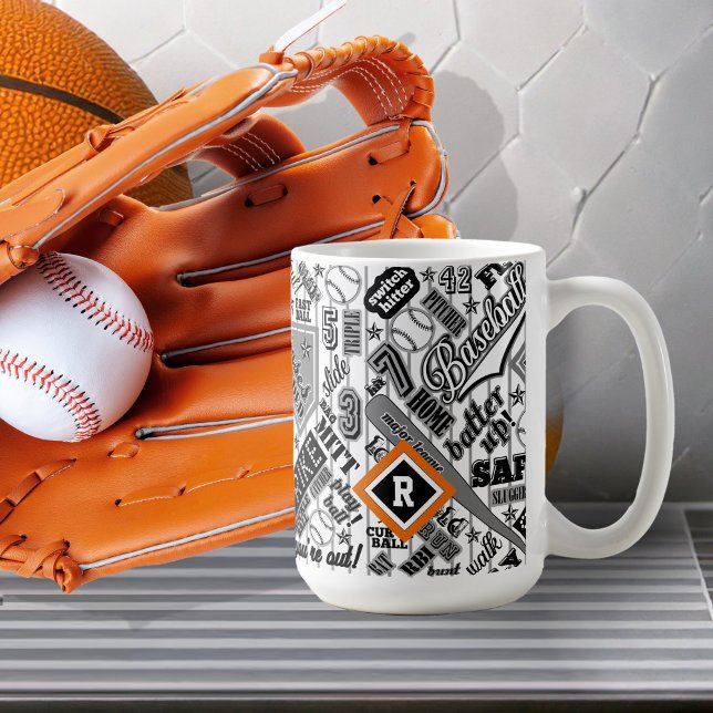 Caneca De Café Tipografia do Baseball Black White Monograma ID770 (Criador carregado)