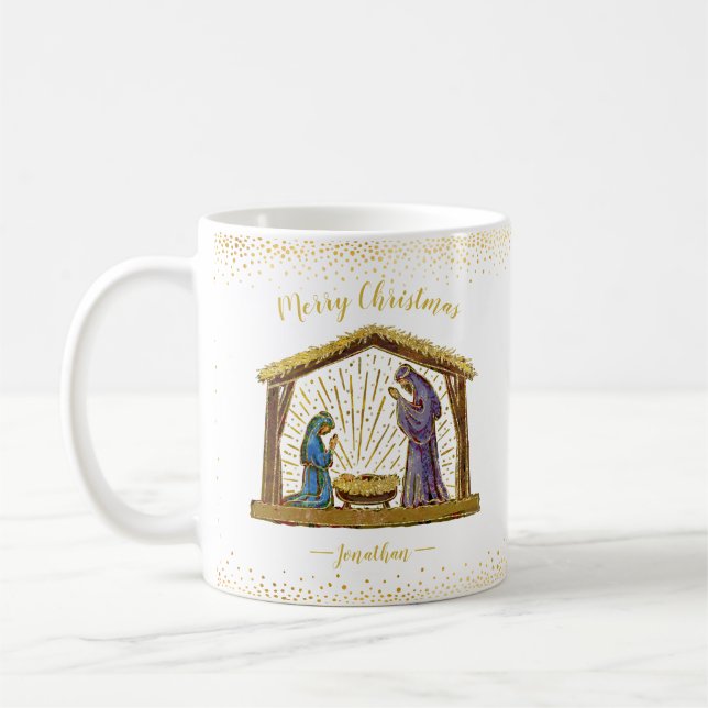 Caneca De Café Tipografia Dourada Natal Natividade Manger (Esquerda)
