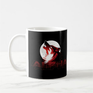 Caneca De Café Tipografia Lua Glitch Vermelho Lobo Uivando Alpha