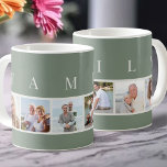 Caneca De Café Tipografia moderna da FAMÍLIA e foto verde persona<br><div class="desc">Uma caneca personalizada com a palavra FAMÍLIA, escrita em tipografia moderna, acima de suas fotos. O modelo de foto é configurado para que você adicione 6 de suas fotos favoritas, que são exibidas em formato quadrado em um estilo simples, de fita, colagem de fotos. Esta peça inteligente e na moda...</div>