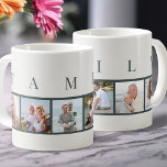 Caneca De Café Tipografia moderna FAMILY e Foto personalizada 6<br><div class="desc">Uma caneca personalizada com a palavra FAMÍLIA, escrita em tipografia moderna, acima de suas fotos. O modelo de foto é configurado para que você adicione 6 de suas fotos favoritas, que são exibidas em formato quadrado em um estilo simples, de fita, colagem de fotos. Esta peça inteligente e na moda...</div>