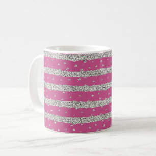 Caneca De Café Tiras de Confetti Cintilantes de Prata Rosa