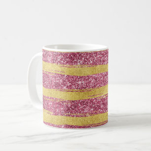 Caneca De Café Tiras de Gliteria Cinzentas Douradas Rosa
