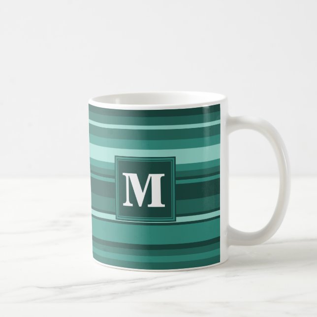 Caneca De Café Tiras de teal monograma (Direita)