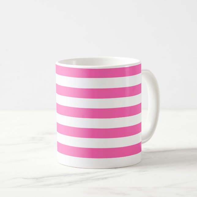 Caneca De Café Tiras rosa-quente e brancas (Frente Esquerda)