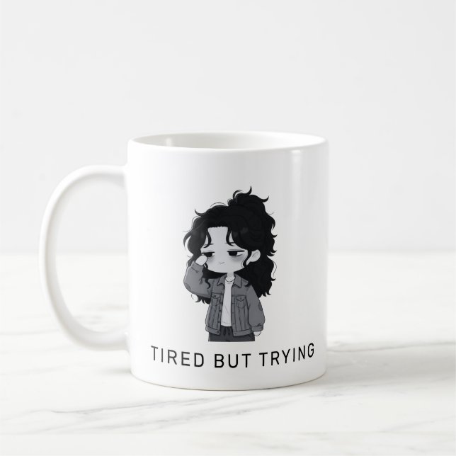 Caneca De Café Tired But Trying Relatable Chibi Girl (Esquerda)