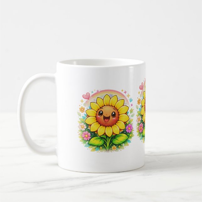 Caneca De Café 🌻 Title Cute Smiling Sunflower Rainbow Garden (Esquerda)