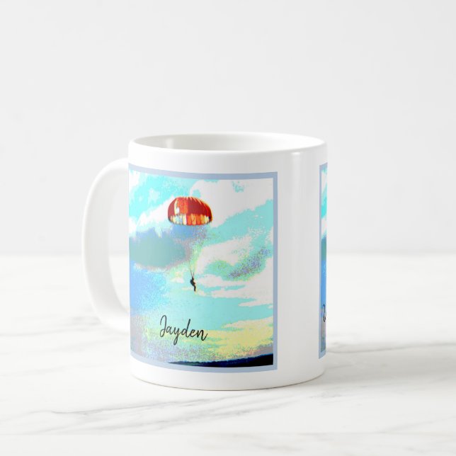 Caneca De Café Todos podemos tocar o céu, paraquedas, seu nome (Frente Esquerda)