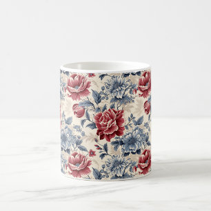 Caneca De Café Toile francesa & Toile de Jouy rosas azuis e verme