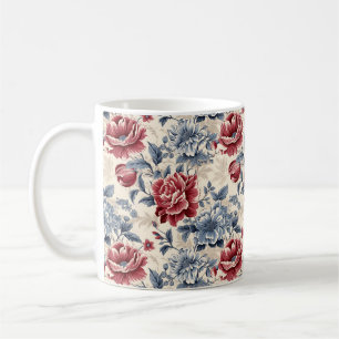 Caneca De Café Toile francesa & Toile de Jouy rosas azuis e verme