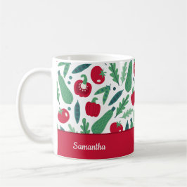 Caneca De Café Tomate e Pepino - Padrão Vegetal w Nome Vermelho