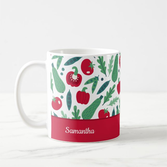 Caneca De Café Tomate e Pepino - Padrão Vegetal w Nome Vermelho (Esquerda)