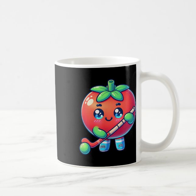 Caneca De Café Tomate Fofo Jogando Hóquei de Campo Cartoon  (Direita)