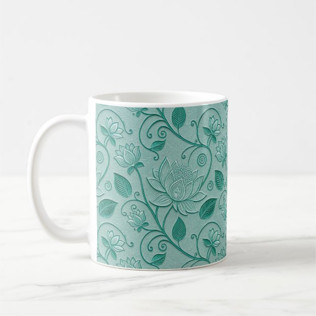 Caneca De Café Tons de Verde Pastel com Estampa de Lótus em Relev (Esquerda)