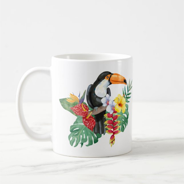 Caneca De Café Toucador de Aquarela e Flores Tropicais (Esquerda)