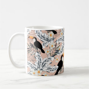 Caneca De Café Toucanos, palmeiras gráficas, flores de plumeria,