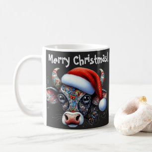 Caneca De Café Touro de Vaca de Natal com Santa Hat Arte Foliar M