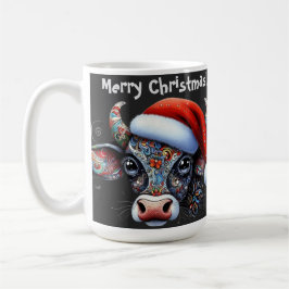 Caneca De Café Touro de Vaca de Natal com Santa Hat Arte Foliar M