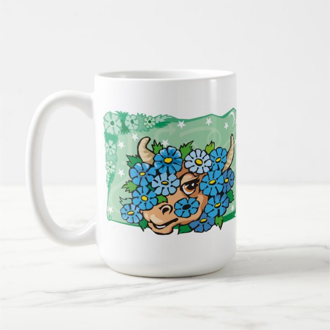 Caneca De Café Touro Floral Taurus com Flores Azuis (Esquerda)