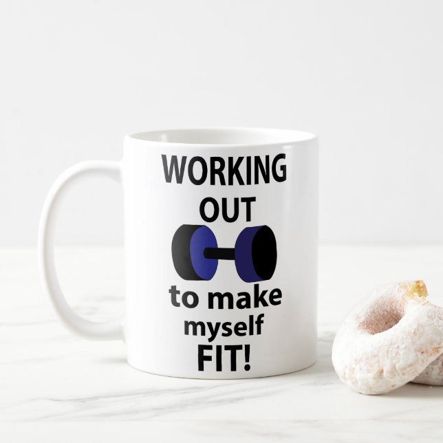 Caneca De Café Trabalhando Com Pesos De Workout Funcionando (Com Donut)