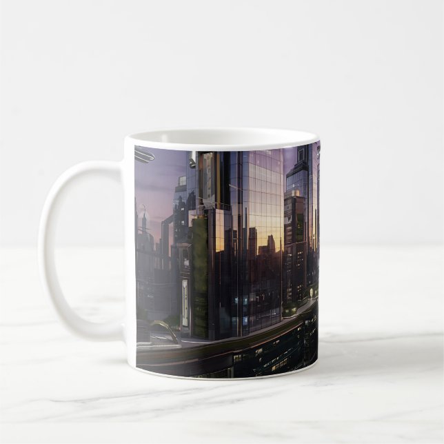 Caneca De Café Trabalho de arte de paisagem urbana futurística (Esquerda)