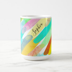 Caneca De Café Traços Coloridos Diagonais, Nome, Arte Abstrata do