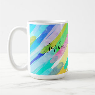 Caneca De Café Traços Coloridos Diagonais, Nome, Arte Abstrata do