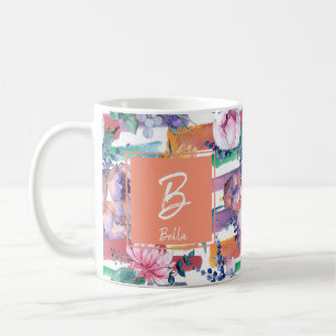 Caneca De Café Traços Coloridos Pincel Monograma Floral