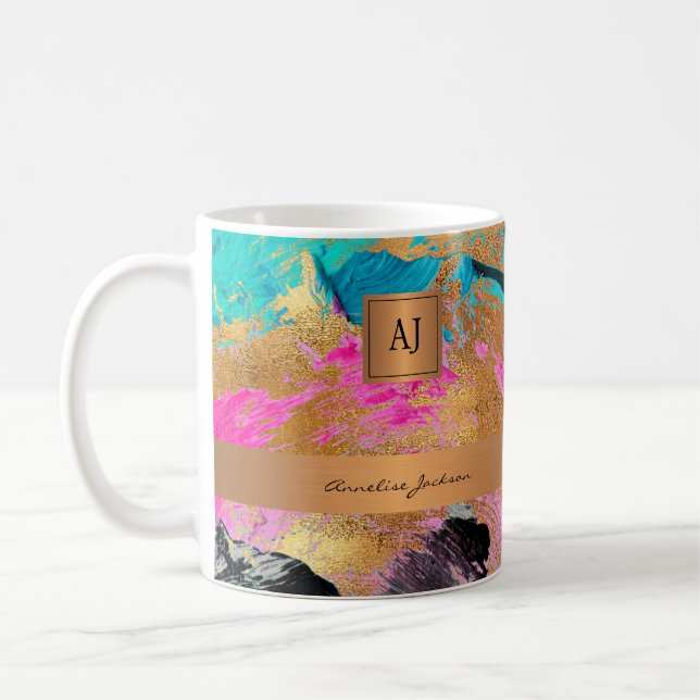Caneca De Café Traços de abstrato elegantes monogramas de ouro mo (Esquerda)