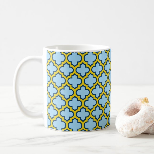 Caneca De Café Trellis azul e amarela, lete, quatrefoil (Com Donut)