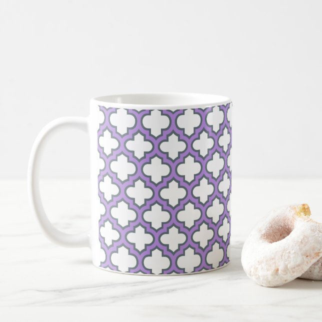 Caneca De Café Trellis branca e roxa, lete, quatrefoil (Com Donut)