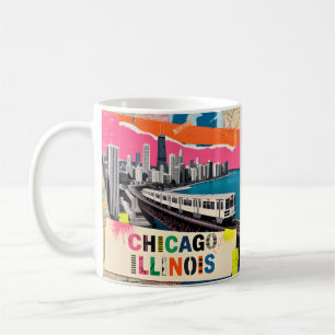 Caneca De Café Trem da Silhueta de Chicago Colagem Arte Pop Viage