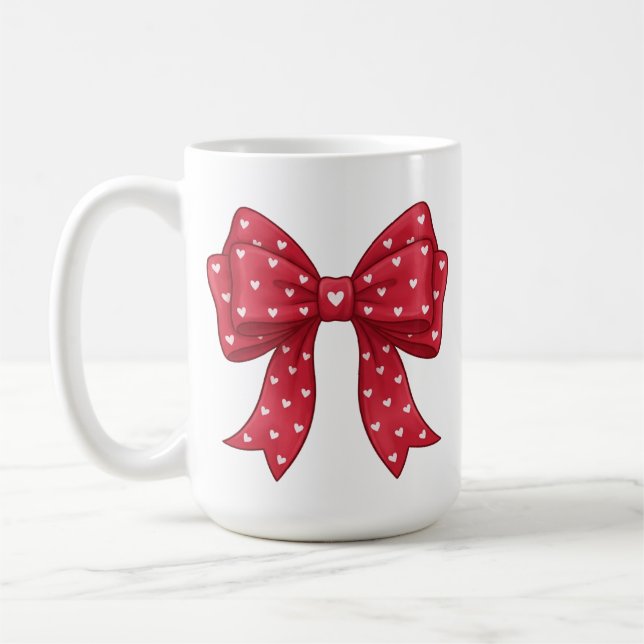 Caneca De Café Trendy Coquette Red Ribbon Bow with White Hearts (Esquerda)