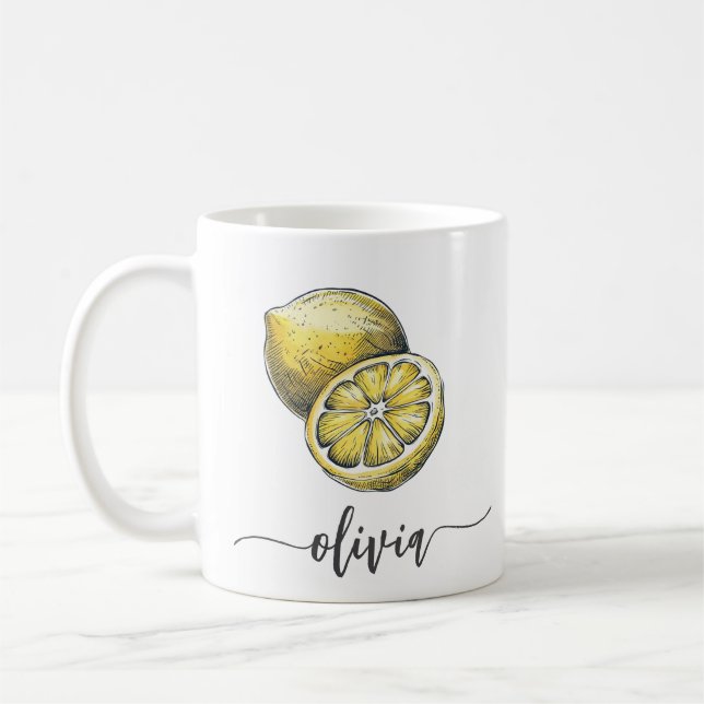 Caneca De Café Trendy Modern Personalised Watercolor Lemon Amarel (Esquerda)
