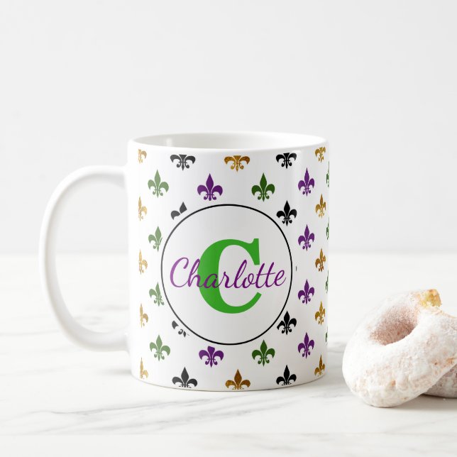 Caneca De Café Trendy Monograma Mardi Gras Fleur De Lis (Com Donut)
