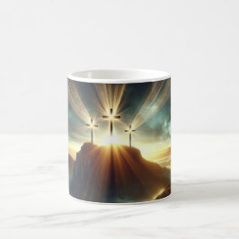 Caneca De Café Três Cruzes numa Paisagem Celestial