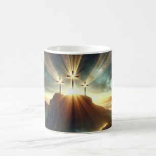 Caneca De Café Três Cruzes numa Paisagem Celestial