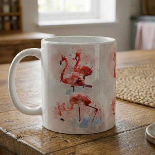 Caneca De Café Três Flamingos Rosa em Impressão de Arte em Aquare