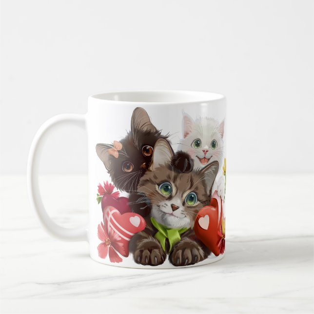 Caneca De Café Três gatinhos e corações (Esquerda)