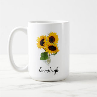 Caneca De Café Três Girassóis Amarelos no Vase Personalizado