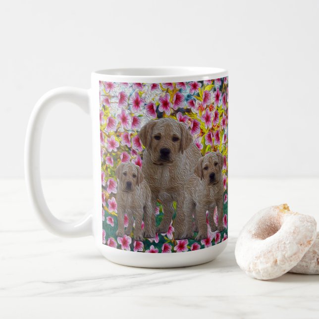 Caneca De Café Três Labradores Pintados De Óleo, (Com Donut)