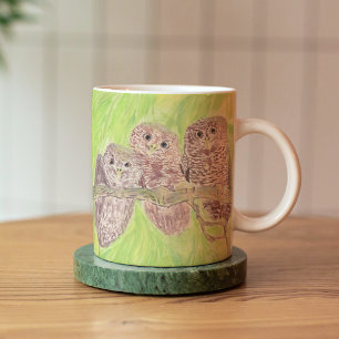 Caneca De Café Três Pequenas Corujas De Vassoura - pintura acrí