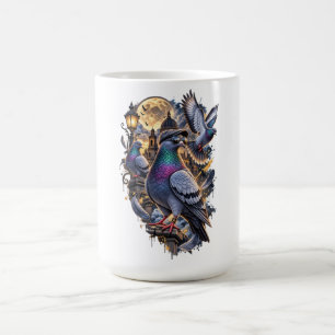 Caneca De Café Três Pombos Gráficos Vintage, Lua de Pombo Retro