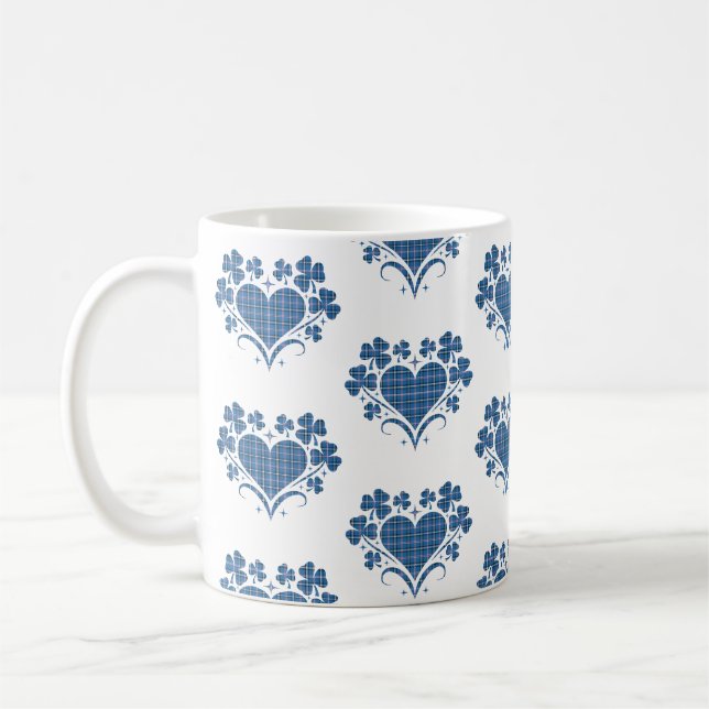Caneca De Café Trevo de Coração Xadrez Azul Clássico Clover (Esquerda)