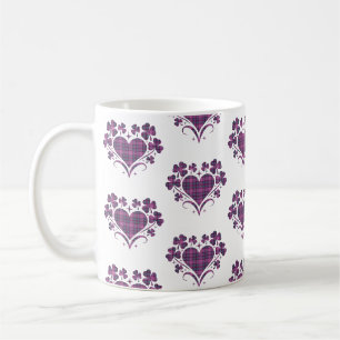 Caneca De Café Trevo de Coração Xadrez Roxo Turquesa Tartã Clover