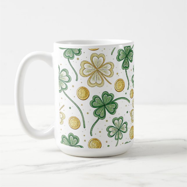 Caneca De Café TREVO DE TRÊS FOLHAS CELTA IRLANDÊS VERDE & Dourad (Esquerda)