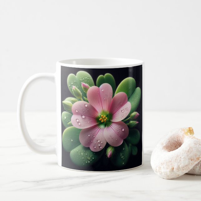 Caneca De Café Trevo Floral Rosa e Verde Oxalis (Com Donut)